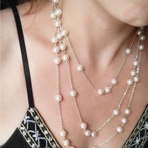 KOREA Silver-tone Saturn-style Chain Necklace w/ Pearls, Up To 3 Strands 63 In